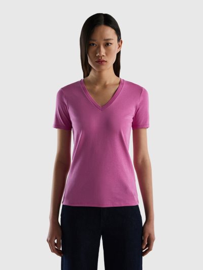 Women's Benetton Pure Cotton V-neck Short Sleeve T-shirts Pink | NZ950182