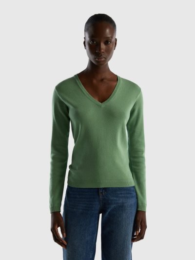 Women's Benetton Pure Cotton V-neck Sweaters Green | NZ122007