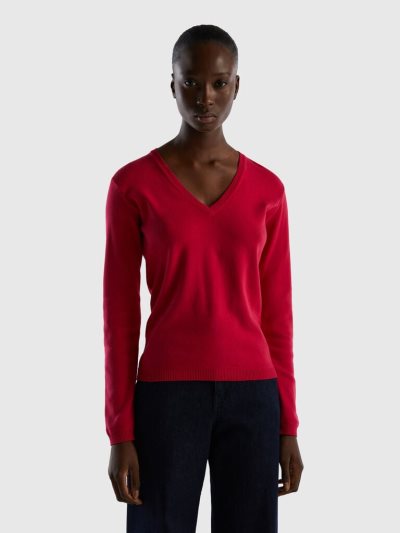 Women's Benetton Pure Cotton V-neck Sweaters Fuchsia | NZ130244