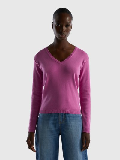 Women's Benetton Pure Cotton V-neck Sweaters Pink | NZ292079