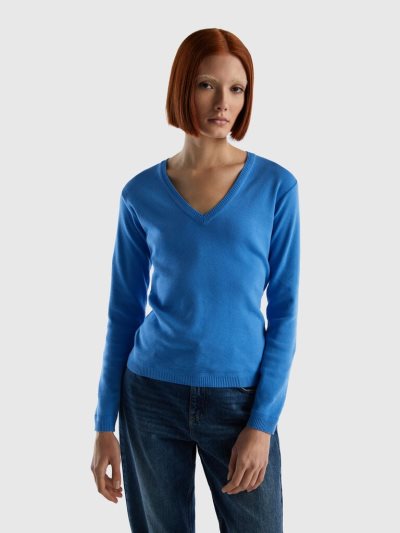 Women's Benetton Pure Cotton V-neck Sweaters Light Blue | NZ306988