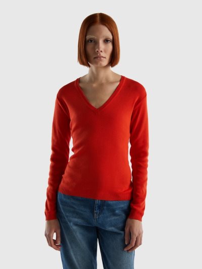 Women's Benetton Pure Cotton V-neck Sweaters Red | NZ324991