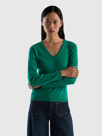 Women's Benetton Pure Cotton V-neck Sweaters Green | NZ587970