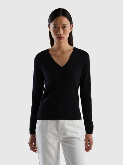 Women's Benetton Pure Cotton V-neck Sweaters Black | NZ674942