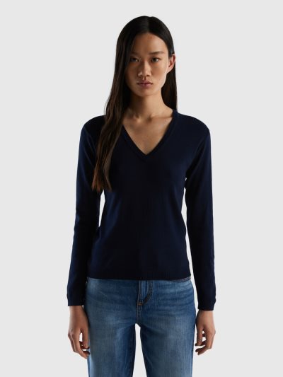 Women's Benetton Pure Cotton V-neck Sweaters Dark Blue | NZ760162