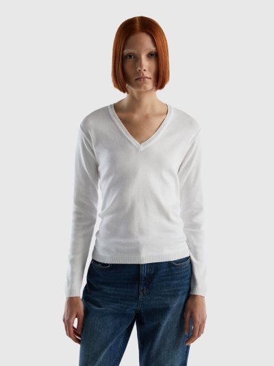 Women's Benetton Pure Cotton V-neck Sweaters White | NZ876763