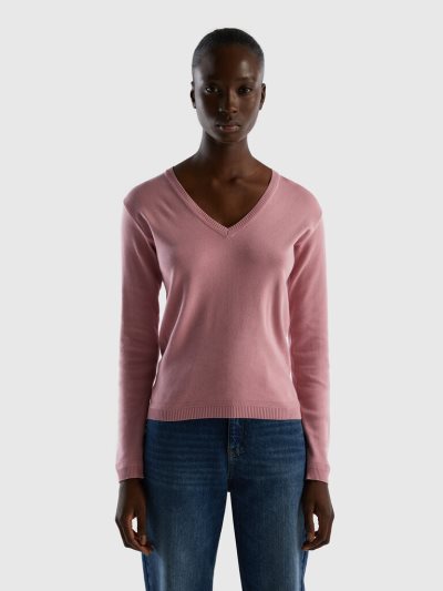 Women's Benetton Pure Cotton V-neck Sweaters Pink | NZ997827