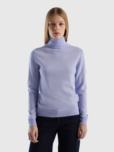 Women's Benetton Pure Merino Wool Turtleneck High Neck Sweaters Lavender | NZ056445
