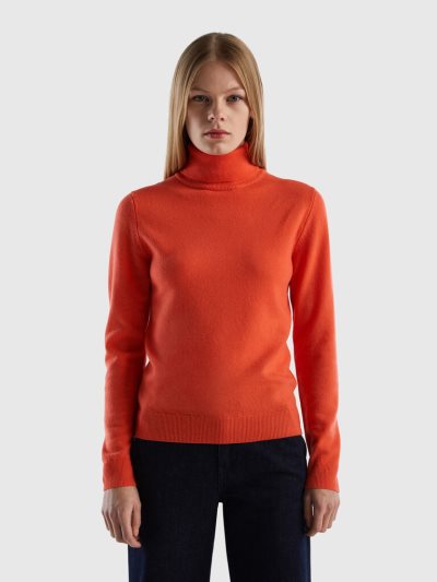 Women's Benetton Pure Merino Wool Turtleneck High Neck Sweaters Coral | NZ064657