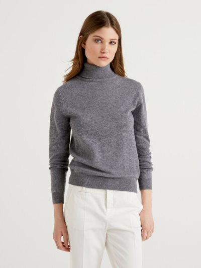 Women's Benetton Pure Merino Wool Turtleneck High Neck Sweaters Grey | NZ115488