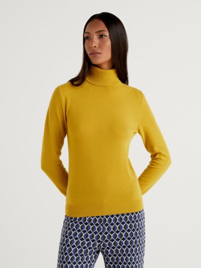 Women's Benetton Pure Merino Wool Turtleneck High Neck Sweaters Mustard | NZ207098