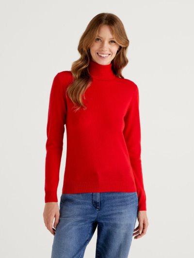 Women's Benetton Pure Merino Wool Turtleneck High Neck Sweaters Red | NZ346224