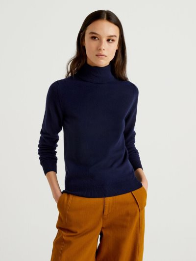 Women's Benetton Pure Merino Wool Turtleneck High Neck Sweaters Dark Blue | NZ373476