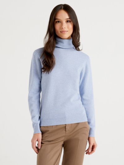 Women's Benetton Pure Merino Wool Turtleneck High Neck Sweaters Light Blue | NZ439519