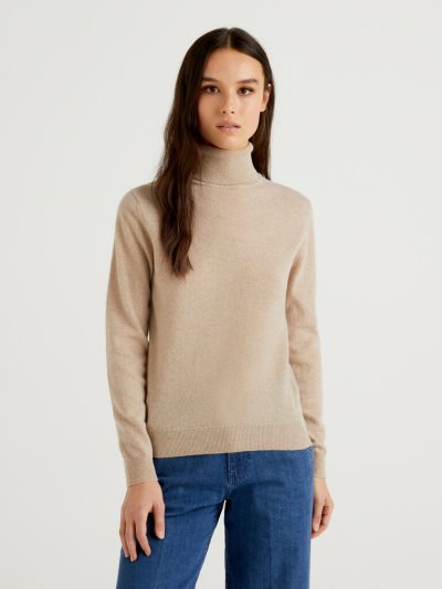 Women's Benetton Pure Merino Wool Turtleneck High Neck Sweaters Beige | NZ440453
