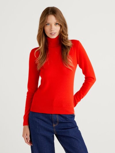 Women's Benetton Pure Merino Wool Turtleneck High Neck Sweaters Coral Red | NZ450969