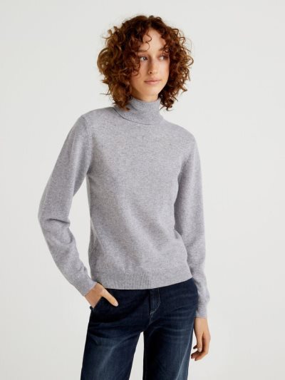 Women's Benetton Pure Merino Wool Turtleneck High Neck Sweaters Light Grey | NZ592069