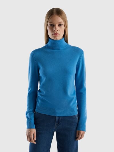 Women's Benetton Pure Merino Wool Turtleneck High Neck Sweaters Air Force Blue | NZ596280