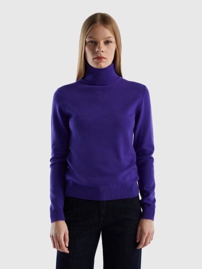 Women's Benetton Pure Merino Wool Turtleneck High Neck Sweaters Deep Blue | NZ604700