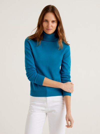 Women's Benetton Pure Merino Wool Turtleneck High Neck Sweaters Teal | NZ754527