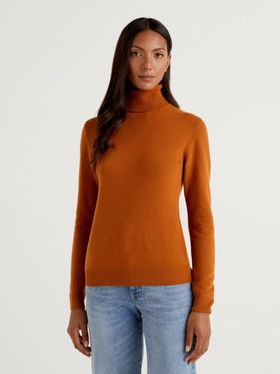 Women's Benetton Pure Merino Wool Turtleneck High Neck Sweaters Brown | NZ958869