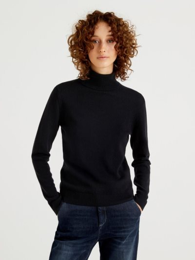 Women's Benetton Pure Merino Wool Turtleneck High Neck Sweaters Black | NZ992570