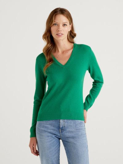 Women's Benetton Pure Merino Wool V-neck Sweaters Green | NZ071078