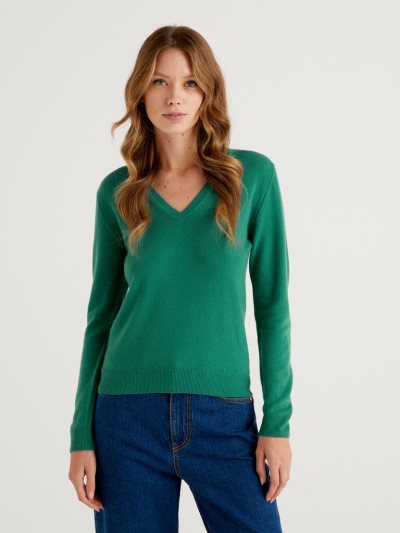 Women's Benetton Pure Merino Wool V-neck Sweaters Dark Green | NZ323909