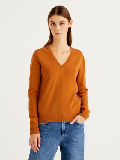 Women's Benetton Pure Merino Wool V-neck Sweaters Brown | NZ384422