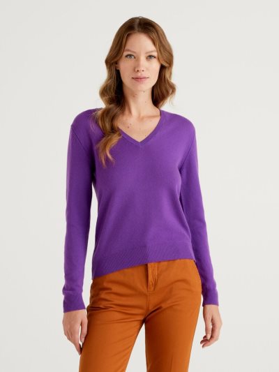 Women's Benetton Pure Merino Wool V-neck Sweaters Purple | NZ464984