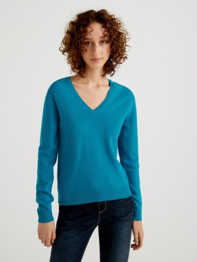 Women's Benetton Pure Merino Wool V-neck Sweaters Teal | NZ521893