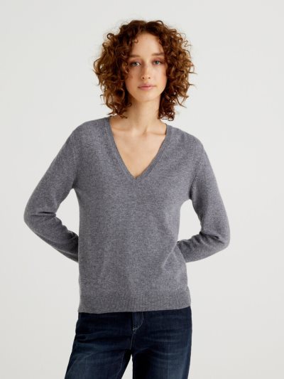 Women's Benetton Pure Merino Wool V-neck Sweaters Grey | NZ542664