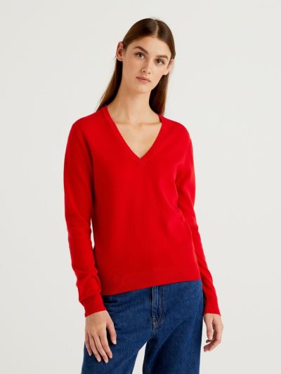 Women's Benetton Pure Merino Wool V-neck Sweaters Red | NZ784792