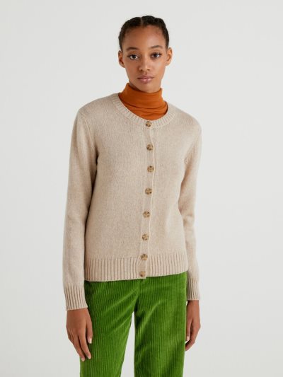 Women's Benetton Pure Shetland Wool Cardigan Nude | NZ367528