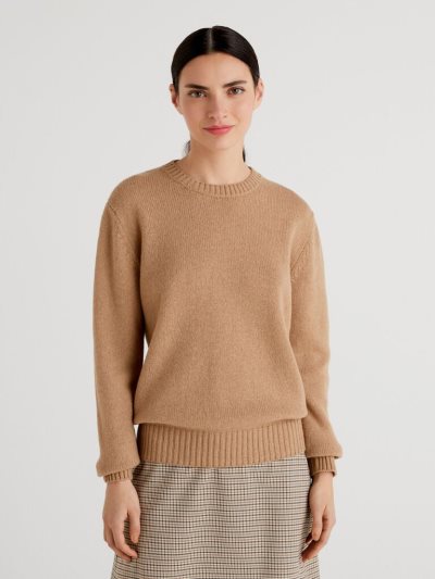 Women's Benetton Pure Shetland Wool Crew Neck Sweaters Camel | NZ066993