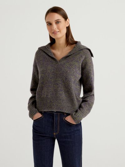 Women's Benetton Pure Tricot Shetland Wool V-neck Sweaters Dark Grey | NZ113019