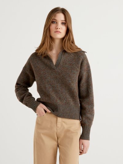 Women's Benetton Pure Tricot Shetland Wool V-neck Sweaters Brown | NZ124028