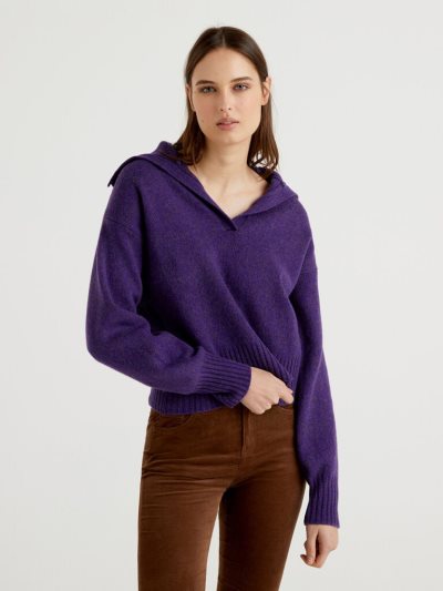 Women's Benetton Pure Tricot Shetland Wool V-neck Sweaters Violet | NZ571318