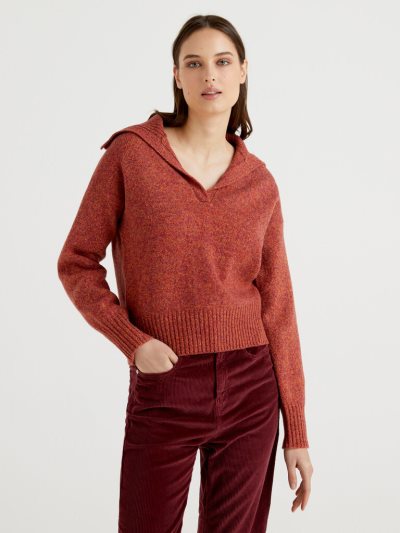 Women's Benetton Pure Tricot Shetland Wool V-neck Sweaters Red | NZ620847