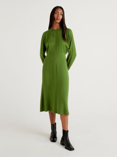 Women's Benetton Pure Viscose Midi Dress Olive Green | NZ500539