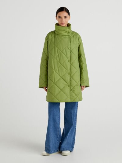 Women's Benetton Quilted High Collar Padded Jackets Military Green | NZ325415