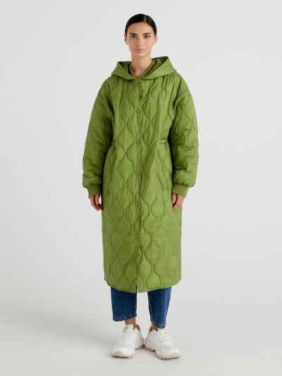 Women's Benetton Quilted Hood Padded Jackets Military Green | NZ172071