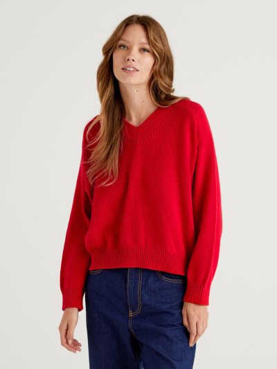 Women's Benetton Recycled Cotton Blend V-neck Sweaters Red | NZ919643