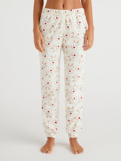 Women's Benetton Reindeer Warm Fleece Trousers Creamy White | NZ895495