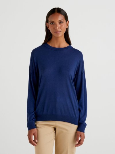 Women's Benetton Relaxed Boxy Fit Crew Neck Sweaters Blue | NZ092284