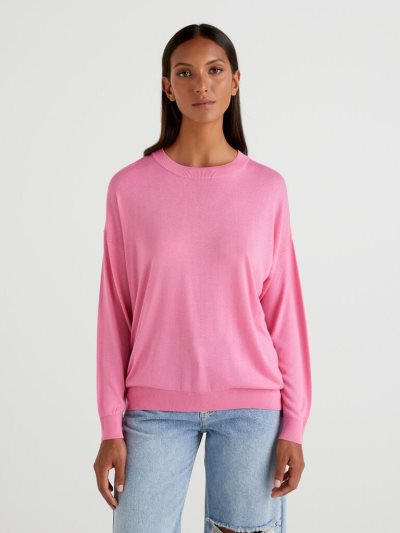 Women's Benetton Relaxed Boxy Fit Crew Neck Sweaters Pink | NZ271264