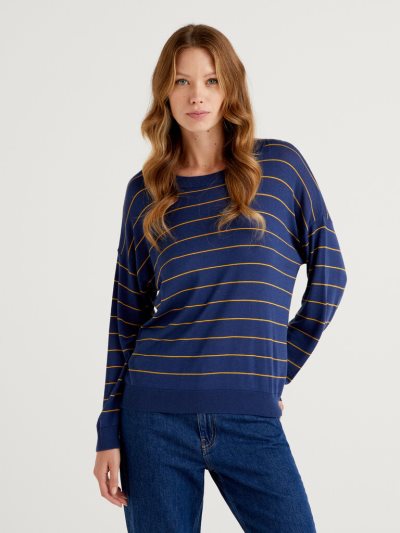 Women's Benetton Relaxed Boxy Fit Crew Neck Sweaters Air Force Blue | NZ712238