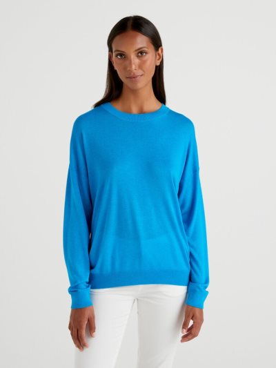 Women's Benetton Relaxed Boxy Fit Crew Neck Sweaters Turquoise | NZ887332