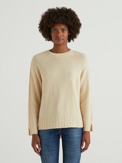 Women's Benetton Ribbed Knit Crew Neck Sweaters Vanilla | NZ039428