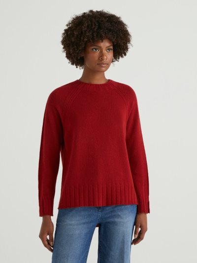Women's Benetton Ribbed Knit Crew Neck Sweaters Burgundy | NZ299006
